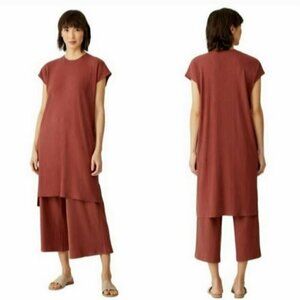 EILEEN FISHER Dress, Burnt Orange Tencel Ribbed Cap Sleeve Texture Career, XS